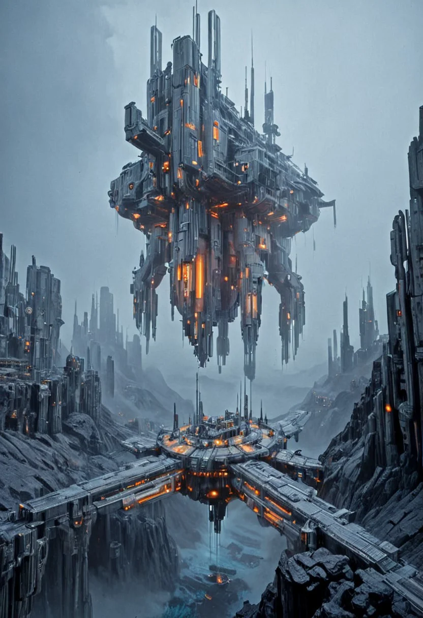 h0rr0rstyl3, CosmicStyle, futuristic megastructure, hovering city, sci-fi fortress, massive floating platform, alien landscape, cyberpunk architecture, industrial science fiction, dark rocky terrain, advanced technology, monumental structure, atmospheric mist, hovering above canyon, vertical sci-fi towers, dystopian environment, metallic textures, cold color palette, dramatic perspective, glowing orange lights, high-tech civilization, surreal sci-fi world, mechanical infrastructure, colossal scale, eerie futuristic mood, alien planet setting, futuristic defense outpost, heavy machinery, floating sci-fi architecture, otherworldly engineering, robotic design, science fiction scenery