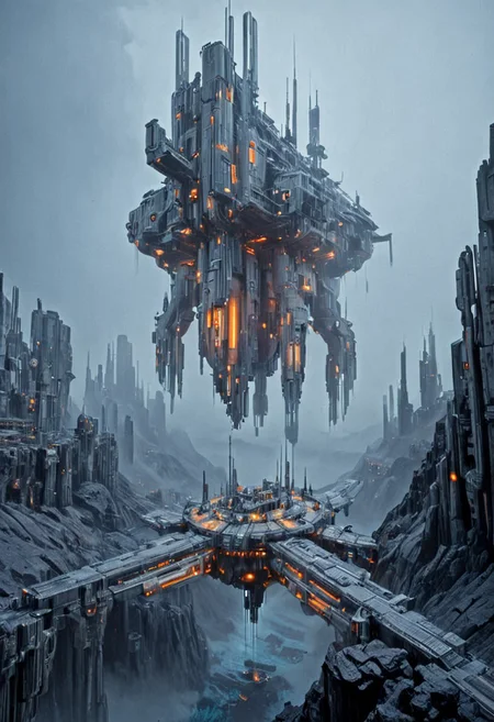 h0rr0rstyl3, CosmicStyle,  futuristic megastructure, hovering city, sci-fi fortress, massive floating platform, alien landscape, cyberpunk architecture, industrial science fiction, dark rocky terrain, advanced technology, monumental structure, atmospheric mist, hovering above canyon, vertical sci-fi towers, dystopian environment, metallic textures, cold color palette, dramatic perspective, glowing orange lights, high-tech civilization, surreal sci-fi world, mechanical infrastructure, colossal scale, eerie futuristic mood, alien planet setting, futuristic defense outpost, heavy machinery, floating sci-fi architecture, otherworldly engineering, robotic design, science fiction scenery