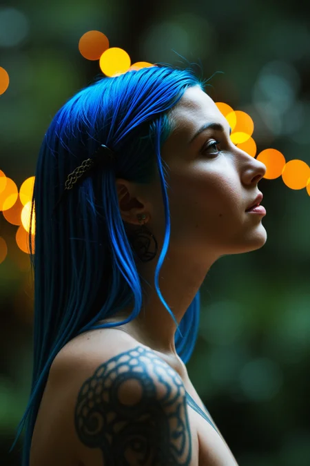 woman with vibrant blue hair cascading down her shoulders adorned with intricate body artwork gazing thoughtfully into the distance. A balanced perspective captures her individualistic storytelling, surrounded by rich colors and detailed visual narratives, highlighted by a moody bokeh background. Captured with a Hasselblad X1D II 50C, XCD 45mm f/3.5 lens, cinematic stills with film grain and exquisite details, <lora:dmd2_sdxl_4step_lora_fp16:1.0>