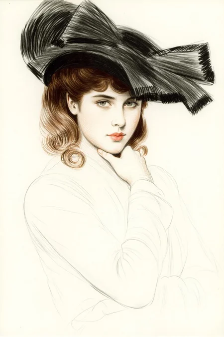 paulcesarhelleu1 illustration.
Sketch of a young woman with wavy brown hair, wearing a large, elaborate hat with ribbons. She gazes directly at the viewer with a confident expression, with her hand resting on her chin.
<lora:paulcesarhelleu1_cap_d6a3e11:0.8><lora:844395497004216096:0>