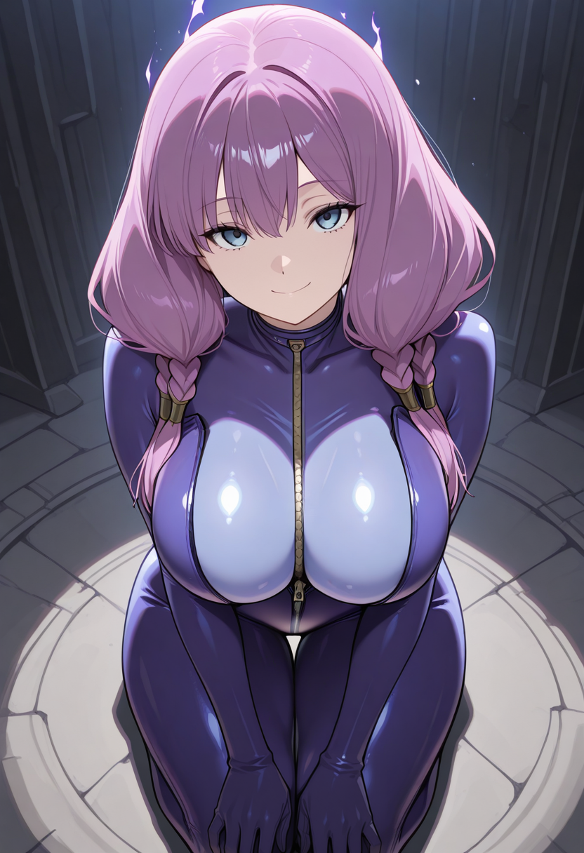 masterpiece, best quality, absurdres,
1girl, solo, aura \(sousou no frieren\) ,
USZipBodysuit, indigo bodysuit, claret trim,
partially unzipped,
dogeza,
looking at viewer, big_smile,