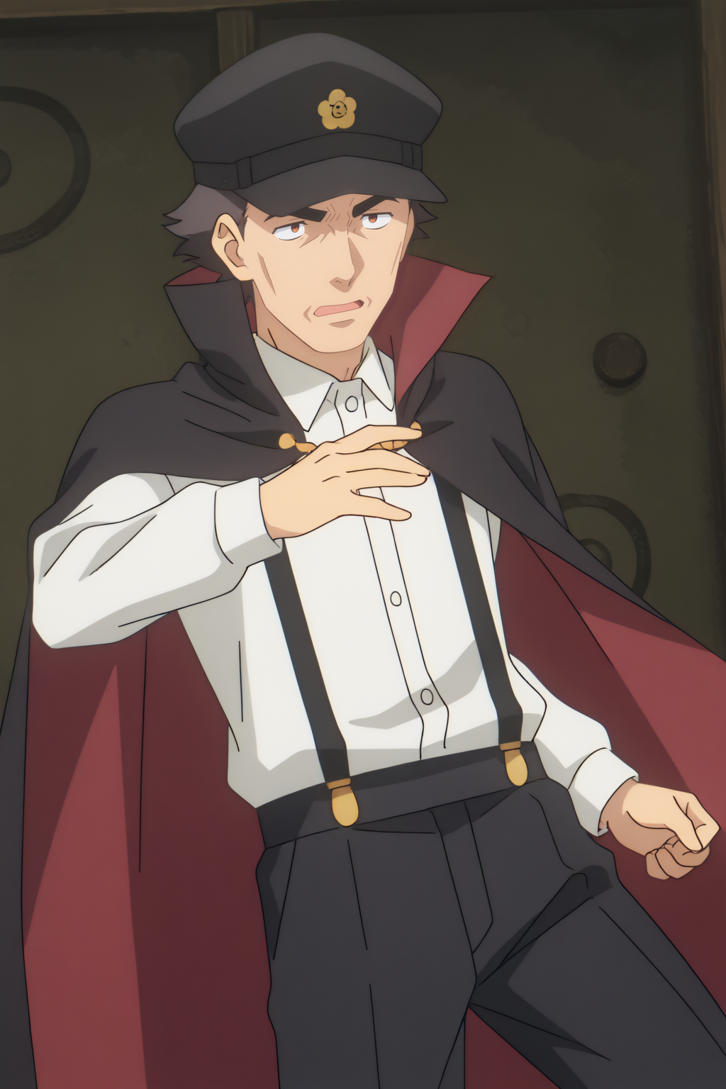 dynamic pose,  Hyoizaburo, black cape, black headwear, black pants, collared shirt, hat, long sleeves, short hair, suspenders <lora:Konosuba_Bakuen_-_Hyoizaburo_-_illustrious:0.8>