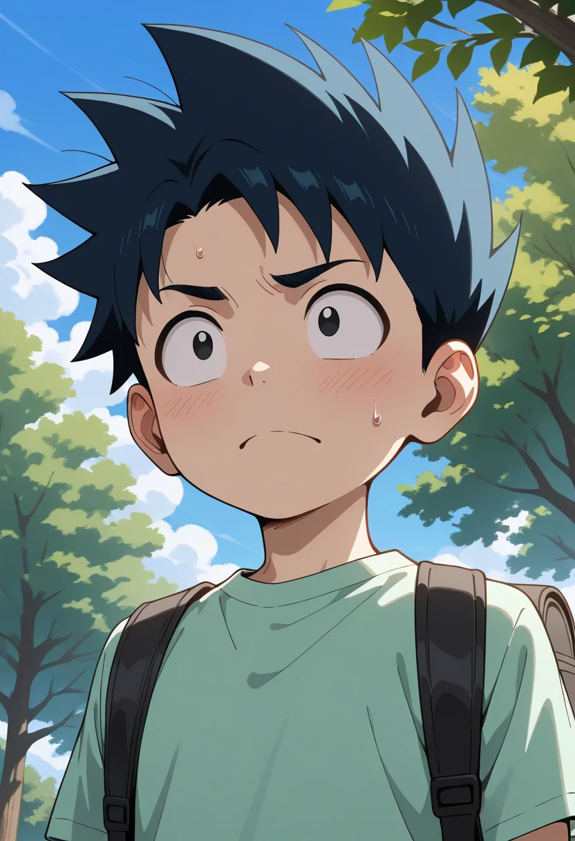 masterpiece,best quality,amazing quality,<lora:geo:1>,geo,1boy,male focus,bag,sweatdrop,backpack,solo,shirt,outdoors,sky,upper body,green shirt,blue sky,closed mouth,tree,day,cloud,frown,close-up,t-shirt,
