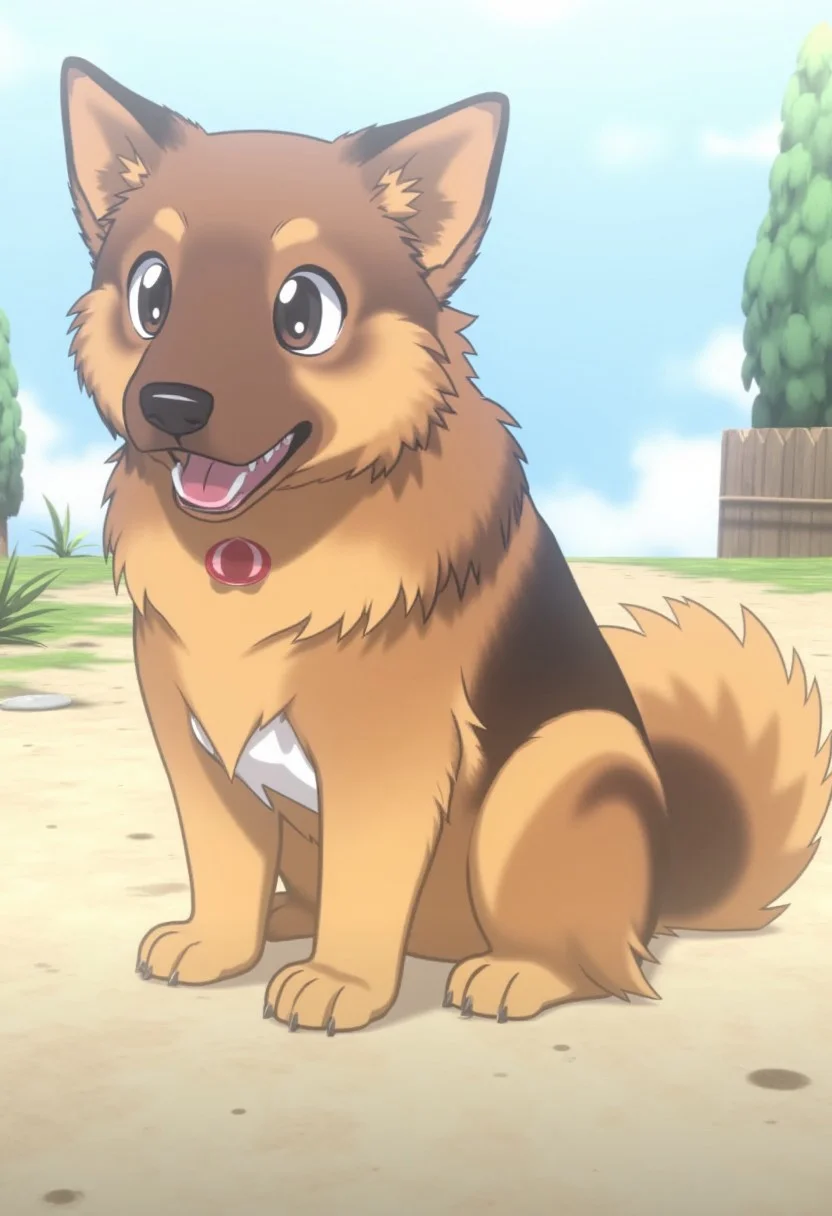 disgaea7style anime, liathedog sitting with her mouth open and tongue out. outdoors background.