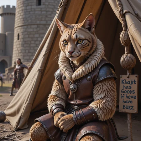 A cat man merchant wearing medieval fantasy clothing, Cat man has feline eyes and beautifully stripped fur, sitting in front of a cloth and fur tent outside of a large fantasy city wall, in the tent are goods for sale, rare and unusual items for sale, ((Hanging from the tent is a sign saying  "khajiit has Goods if you have Buzz":1.3)), high resolution, highly detailed, photorealistic, cinematic/ detailed digital hyper realistic intricate details, HDR, beautifully shot, hyper realistic, sharp focus, 64 megapixels, perfect composition, high contrast, cinematic, atmospheric, moody