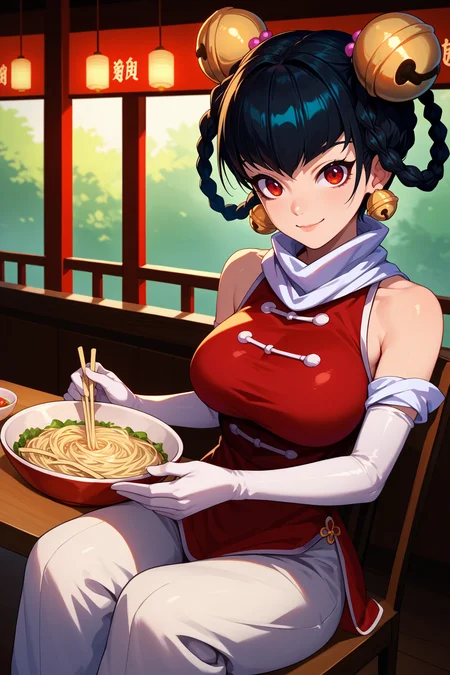 score_9, score_8_up, score_7_up, score_6_up, source_anime, 1girl, solo <lora:opmlinlin-pdxl-nvwls-v1-000005:1> opmll, black hair, short hair, hair rings, twin braids, red eyes, hair bell, earrings, white scarf, chinese clothes, red shirt, sleeveless, elbow gloves, white pants, large breasts, sitting, bowl of noodles, restaurant, table, chair, looking at you, happy