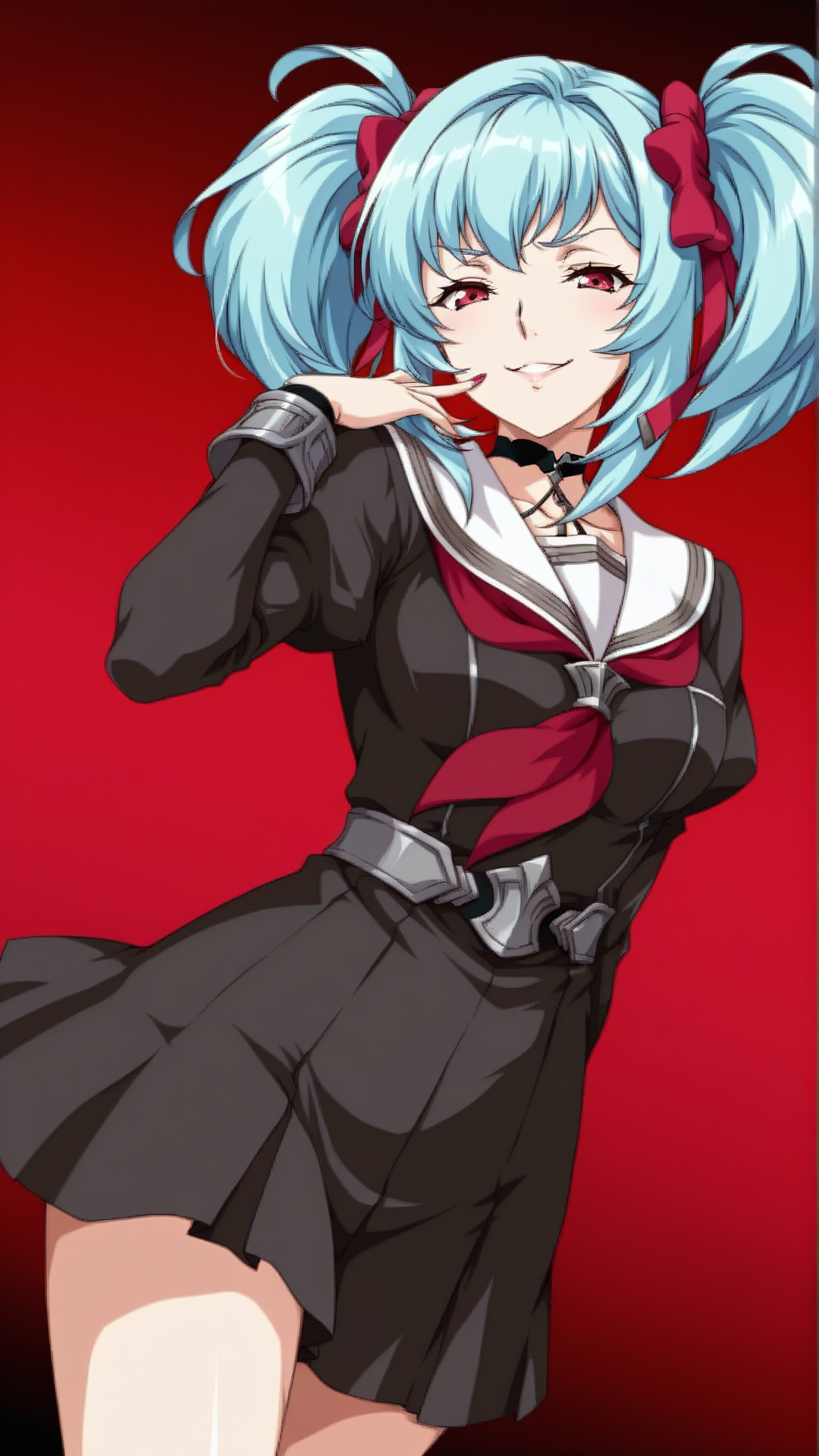 source_anime,general,best quality,1girl, <lora:Marilyn_Cat_ill_v1.0:1> marilyn\(srw\),blue hair, red eyes, twintails, serafuku,seductive smile, smug,  dynamic pose, dutch angle, cowboy shot,