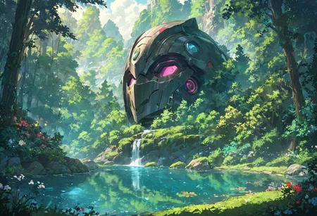 (best quality, highres:1.1)PEAnimeBG ,masterpiece, best quality, high quality, highres,  high detailed, masterpiece, high detailed, masterpiece, hyper maximalist, Legendary Landscape, A breathtaking anime-inspired scene featuring an enormous, weathered robot head resembling a house, nestled in a lush forest. The robot head is reflected in a serene lake, surrounded by vibrant flora. The scene exudes a futuristic ambiance with a touch of mystery and awe