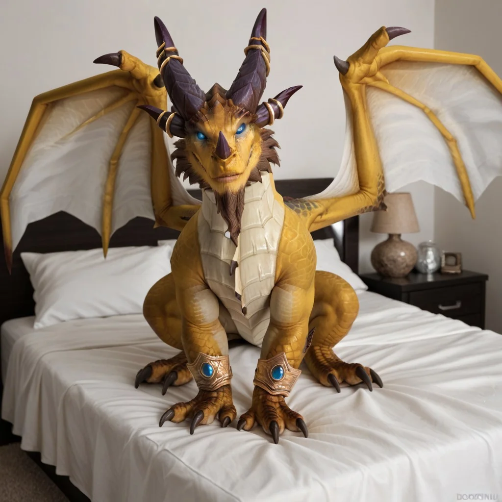 score_9, score_8_up, score_7_up, score_6_up, score_5_up, score_4_up, masterpiece, high quality, realistic, detailed, best quality, white bed, solo, rating_safe, source_furry, bedroom, smiling, sitting on hing legs, sitting on bed, white bed, looking at viewer, full body, nozdormu_wc, dragon, yellow scales, wings, horns, tail, tail end, claws, male, 1boy, blue sclera, black pupils, chest fins, feral