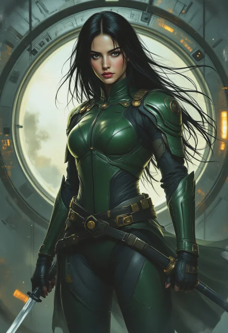 A highly detailed digital painting of a fierce female warrior with long, flowing black hair, wearing a form-fitting green combat suit with armored details. She wields a katana, holding it above her shoulder in a battle-ready stance. Her intense gaze and sharp facial features exude confidence and determination. The background features a futuristic metallic circular doorway with a glowing light source behind her, casting a dramatic glow on her figure. The art style blends semi-realism with comic book aesthetics, emphasizing smooth shading, vibrant lighting, and dynamic character design