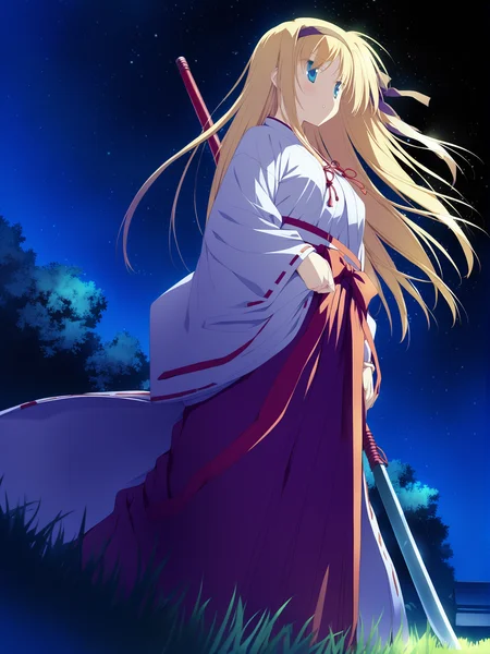 masterpiece, best quality, high quality, aesthetic, absurdres, insanely detailed,
1girl, very long hair, solo, blonde hair, holding naginata, blue eyes, japanese clothes, polearm, naginata, miko, night, sky, hairband, skirt, red hakama, (star \(sky\), star \(simbol\), starry sky, light particles, glowing), hakama skirt, night sky, fireflies, dutch angle, from below, full body, looking at other, floating hair, grass,
<lora:shida-kazuhiro-style-xl_v1.0:1>
