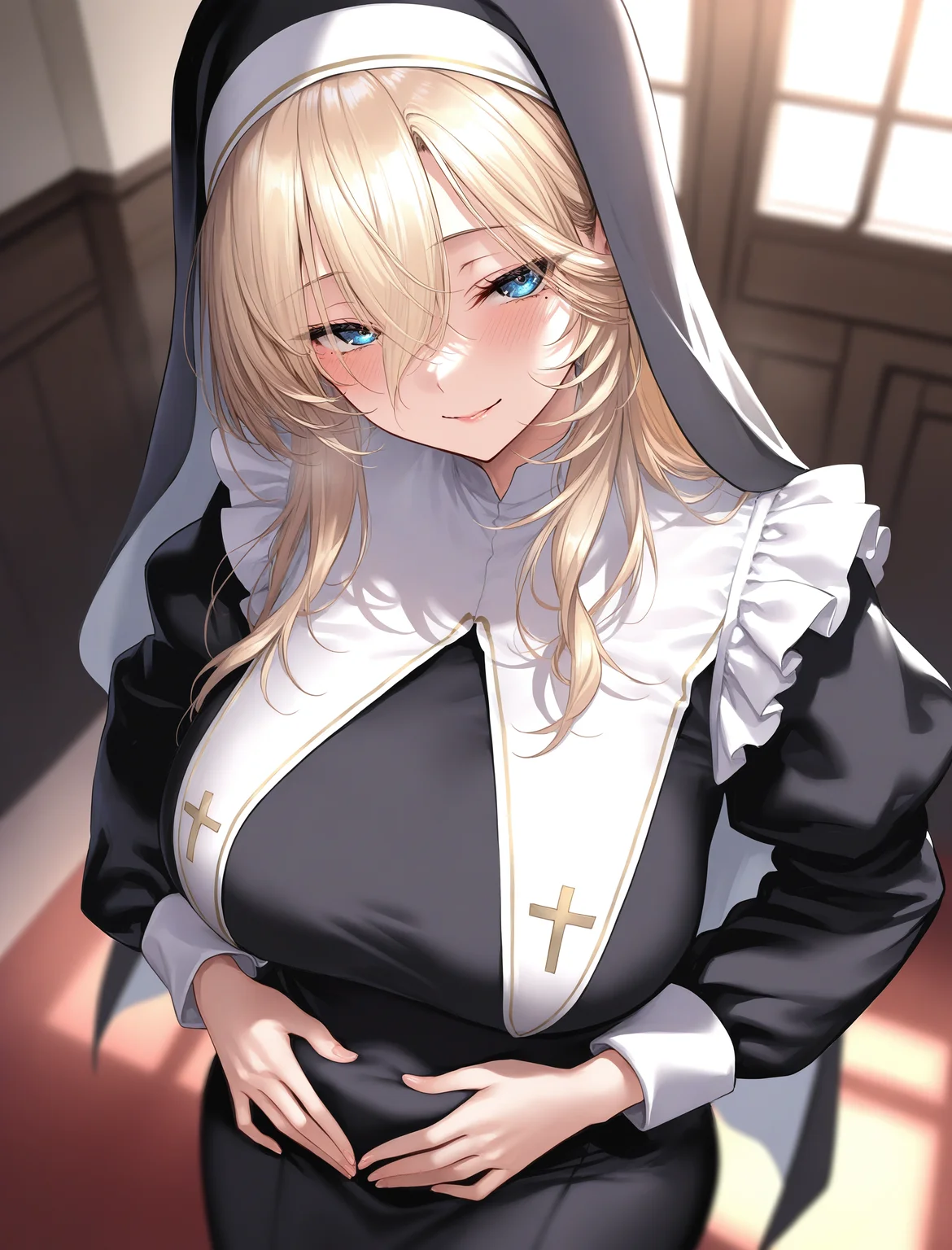 1girl, solo, long hair, breasts, looking at viewer, blush, blue eyes, large breasts, blonde hair, long sleeves, dress, frills, indoors, mole, black dress, mole under eye, veil, long bangs, nun, habit, traditional nun
closed-up, seductive smile, hands on stomach, facing viewer, from above,
masterpiece, absurdres,
<lora:ppsn_V1:1>