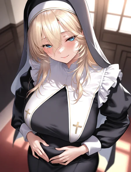 1girl, solo, long hair, breasts, looking at viewer, blush, blue eyes, large breasts, blonde hair, long sleeves, dress, frills, indoors, mole, black dress, mole under eye, veil, long bangs, nun, habit, traditional nun
closed-up, seductive smile, hands on stomach, facing viewer, from above,
masterpiece, absurdres,
<lora:ppsn_V1:1>