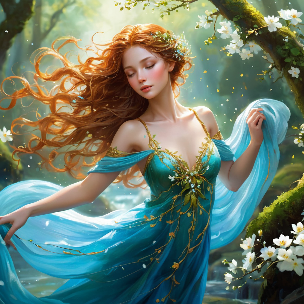 Envision a full body shot of a girl, a breathtaking embodiment of nature's splendor. Her figure is a delicate yet powerful fusion of the earth's elements, each aspect rendered with mesmerizing intricacy. Her hair flows like a cascade of autumn leaves, shimmering with hues of gold and amber, while her skin mimics the rich, fertile earth, textured with subtle hints of green, as if moss and tiny sprouts are emerging from it. Her arms and legs are like elegant vines, adorned with a myriad of tiny flowers, dewdrops, and fresh buds, showcasing the vibrant vitality of spring. Veins of shimmering water course through her, resembling flowing streams that reflect the light in a dance of sparkling blues and whites. Her eyes, deep and expressive, hold the serene azure of the sky, with flecks of white clouds drifting within. Around her, a gentle breeze seems to carry whispers of leaves and petals, adding a dynamic sense of movement to the image. This portrayal captures not just the visual beauty of nature's elements but their essence, creating a harmonious and ethereal representation of a girl who is one with nature.