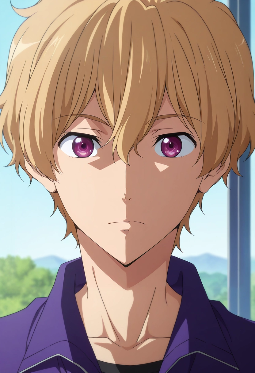 masterpiece, best quality, , anime screencap, anime coloring, official style, looking at viewer, 1boy, solo, male focus, <lora:nagisa_hazuki_ilxl:0.96>, nagisa_hazuki, blonde hair, purple eyes, ,