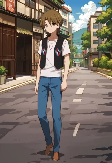 score_9, score_8_up, score_7_up, score_6_up, highly detailed,Good Colors, Good Shading, Good Eyes, Contrast Shading, male focus, slim, skinny, slim body, young man, correct anatomy, Yasaburo, 1boy, male_focus, brown hair, brown eyes, white shirt, blue pants, brown shoes, black vest, japanese city street, summer, walking