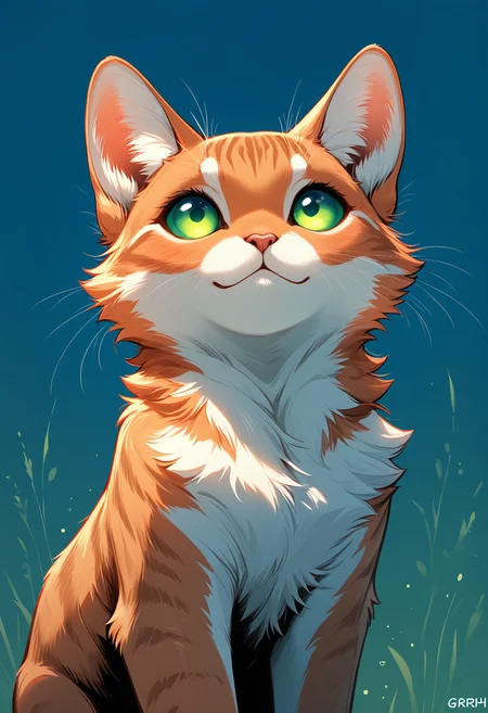 masterpiece, best quality, good quality, very awa, very aesthetic, absurdres, newest, solo, closed_mouth, green_eyes, animal_ear_fluff, no_humans, :3, blue_background, watermark, animal, cat, looking_up, animal_focus, whiskers, orange_fur, green_sclera, ink drawing, opill, gr4ph1t3,