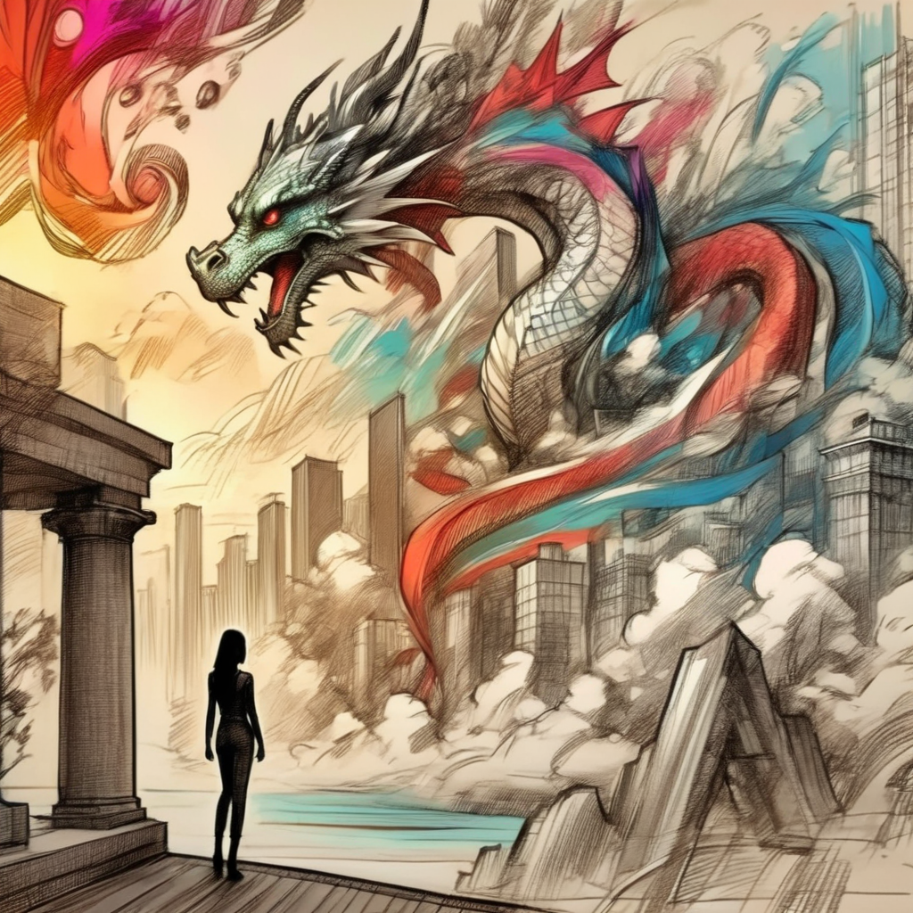 vextria sketch, dragon lord with dragon, wide frame, girl and dragon in the background landscape, colorful, very detailed <lora:vextria:1>