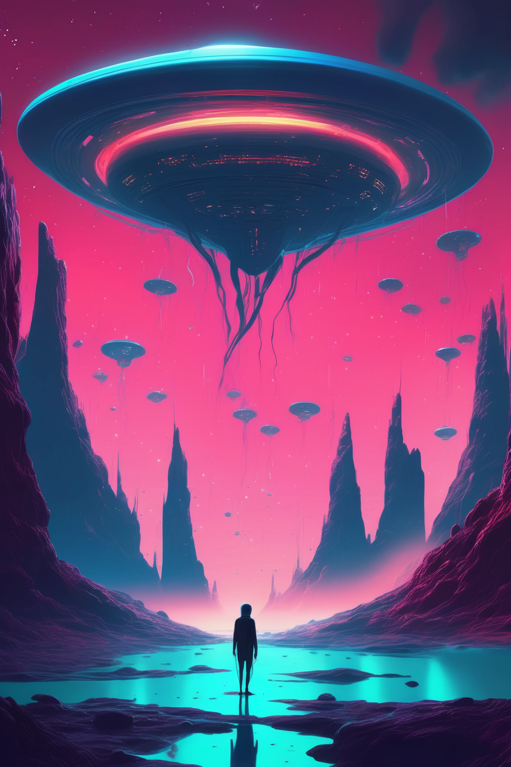 <lora:Christopher Balaskas Style:1>Christopher Balaskas Style - an image with an alien in the sky, in the style of cyril rolando, neon hallucinations, bulbous, gigantic scale, hyper-detailed, fluid, reminiscent retro sci-fi scenes