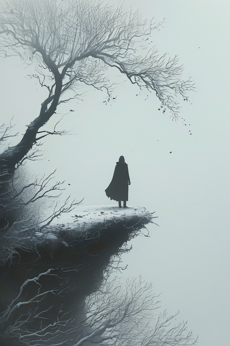 A solitary figure standing on the edge of a cliff or elevated landform. The figure is silhouetted against a misty, white background, making them appear as a dark silhouette. To the right of the figure, there's a leafless tree with intricate branches, also in silhouette. The tree's branches extend outwards, almost resembling tentacles or arms. The ground beneath the figure and tree appears to be covered in snow or frost, and the overall mood of the image is serene, mysterious, and somewhat melancholic.