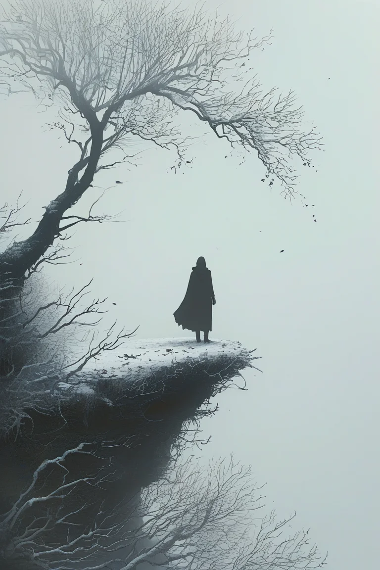 A solitary figure standing on the edge of a cliff or elevated landform. The figure is silhouetted against a misty, white background, making them appear as a dark silhouette. To the right of the figure, there's a leafless tree with intricate branches, also in silhouette. The tree's branches extend outwards, almost resembling tentacles or arms. The ground beneath the figure and tree appears to be covered in snow or frost, and the overall mood of the image is serene, mysterious, and somewhat melancholic.