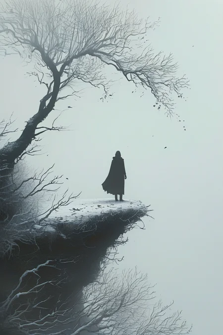 A solitary figure standing on the edge of a cliff or elevated landform. The figure is silhouetted against a misty, white background, making them appear as a dark silhouette. To the right of the figure, there's a leafless tree with intricate branches, also in silhouette. The tree's branches extend outwards, almost resembling tentacles or arms. The ground beneath the figure and tree appears to be covered in snow or frost, and the overall mood of the image is serene, mysterious, and somewhat melancholic.