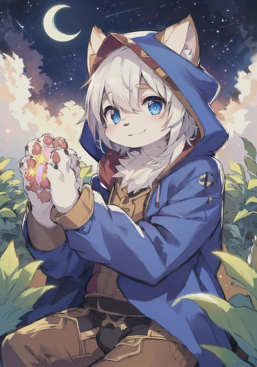 (masterpiece:1.3), (2D:1.0), (anime:1.0), (illustration:1.0), (sharp:1.2),
(hard light:1.0), (shadow:1.0),(reflection, refraction:0.8), (light rays, dappled light, light glare, lens flare, Tyndall effect:1.0),
(clear, shiny:1.0),
(best quality:1.2), (ultra-detailed:1.0), (extremely intricate:1.0),
(blurry foreground,cinematic light,ray tracing:1.1),
(bright_colors,dark_intense_shadows:1.3),
(impasto,outline,colorful:1.3),
(blurry,bloom, overexporsure:1.0),
(warm_light_from_below,glow_white_particles:1.2),
(granblue_fantasy_\(style\):1.1).
(young_male,bishounen,11_years_old:1.5),1boy,cub,anthro,uploaded_on_e621,wolf_boy,furry_kemono,furry_male,(detailed_fluffy_fur,tuft,white_fur,body_fur:1.5),(fluffy_big_tail:1.3),animal_nose,animal_ear_fluff,wolf_ears,(fluffy_wolf_paws,pawpads,animal_hand:1.3),kawaii,cute,fancy,fragile,oil,handsome,solo,(upper_body,cowbow_shot:1.3),male_focus,blue_clothes,(hooded_cloak,hood_up:1.5),male_short_hair,white_hair,blue_eyes,one_eye_closed,bangs,closed_mouth,smile,light_blush,hands_up,holding_star,bottomless,(knees_together_feet_apart,sitting:1.2),looking_at_viewer.
(night,starry_sky,crescent_moon,star_\(sky\),gem,plant, star_\(symbol\),sparkle),outdoors, scenery.
<hypernet:furry_kemono:0.65>