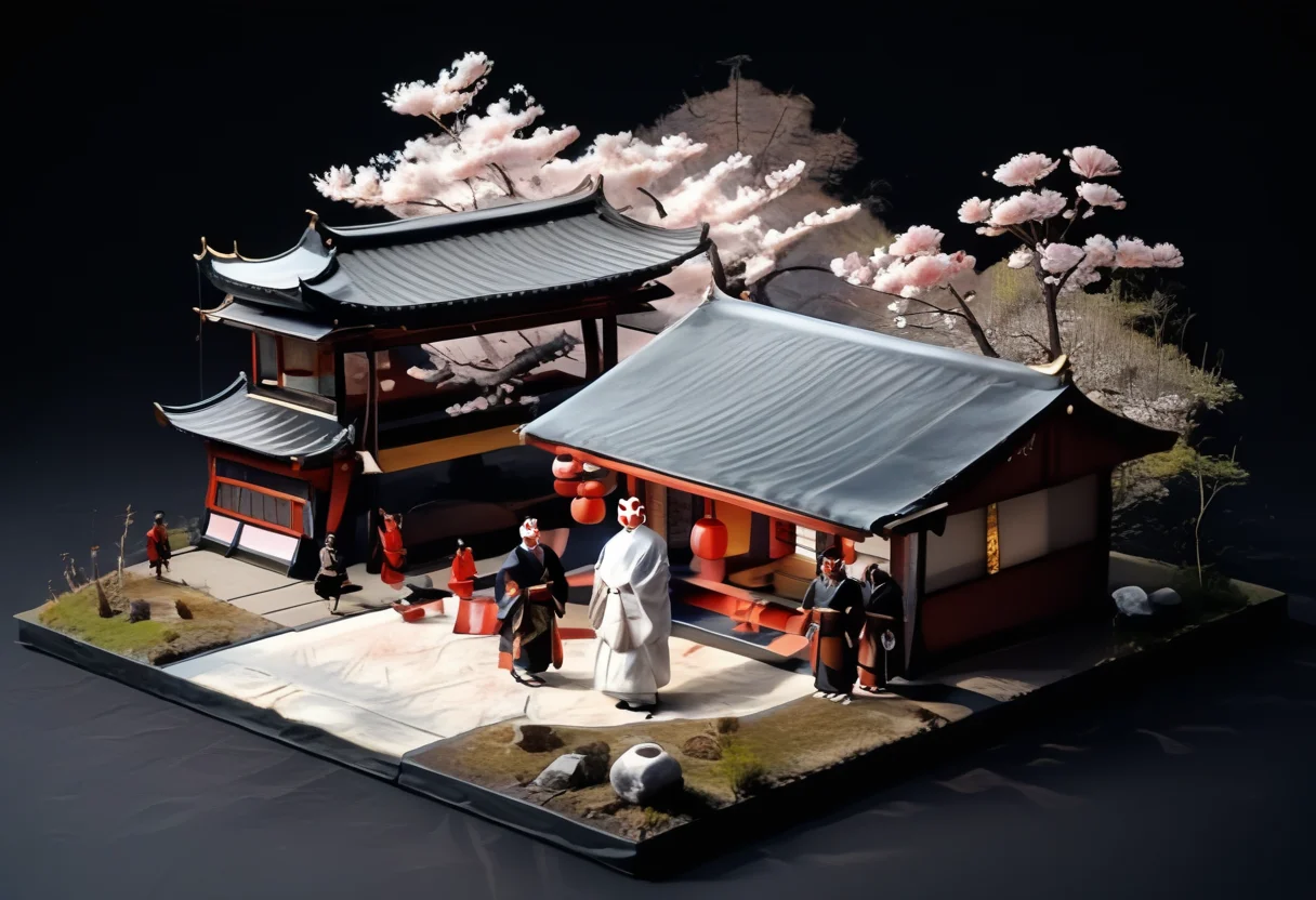 score_9,score_8_up,score_7_up,masterpiece,best quality,source_real,realstic,photorealstic,
KitsuneNoYomeiri_Bridal,,cherry blossom tree,sash,architecture,japanese traditional architecture,,standing,<lora:BDpony_KitsuneNoYomeiri_V1-5928:1>,:,<lora:IsoPixel-PDXL:1>,ispzxll,simple background,isometric,miniature,diorama,no people,black background,from above,<lora:add-detail-xl:1>,mysterious atmosphere,mist,