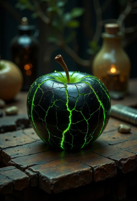 green cracks on black, elaborate apple, on an old wodden table, surrounded by magical supplies