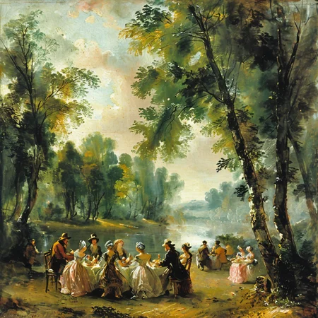 Painting of a family on an afternoon picnic <lora:tbh124-sdxl:1> style of Jean-Antoine Watteau