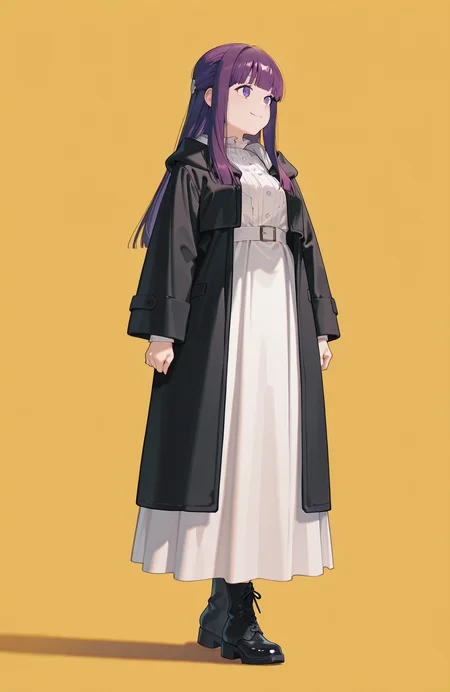 perfect quality,high quality,masterpiece,best quality,amazing quality,very aesthetic,absurdres,Cinematic Lighting,newest,Tactical use of shadow,
front view,full_shot,Smile,
FERNCYQL,1girl,solo,purple hair,blunt bangs,straight hair,sidelocks,purple eyes,long hair,
coat,black coat,dress,white dress,long dress,long sleeves,black robe,frilled collar,frills,open clothes,robe,
full body,standing,
yellow background,simple background,
<lora:USNR STYLE_XL_loha:0.2>,usnr,<lora:suzukasuraimuILL:0.5>,<lora:illustrious_all_rated_v1:0.8>,<lora:Artist_style_Rella_-_Illustrious-XL_r1:0.2>,<lora:reij-rt:1>,suzukasuraimu,rella,<lora:CUTE2712_Illustrious by Cyql:1>,CUTE2712,<lora:lora-000010.by_tusi:0.9>,