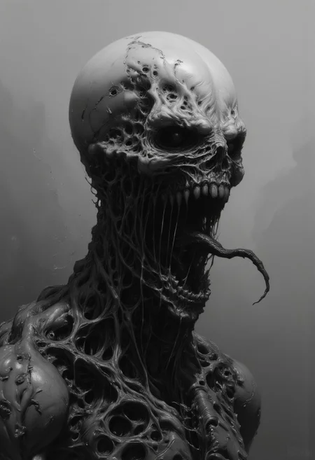 highly detailed digital artwork of a skeletal skull with a grotesque, open-mouthed scream, exuding dark, smoky tendrils. The skull, rendered in shades of gray and black, appears to be disintegrating. The background is a muted, foggy gray, enhancing the horrifying and eerie atmosphere. The image is a close-up, capturing the skull from the front and slightly to the side angle.