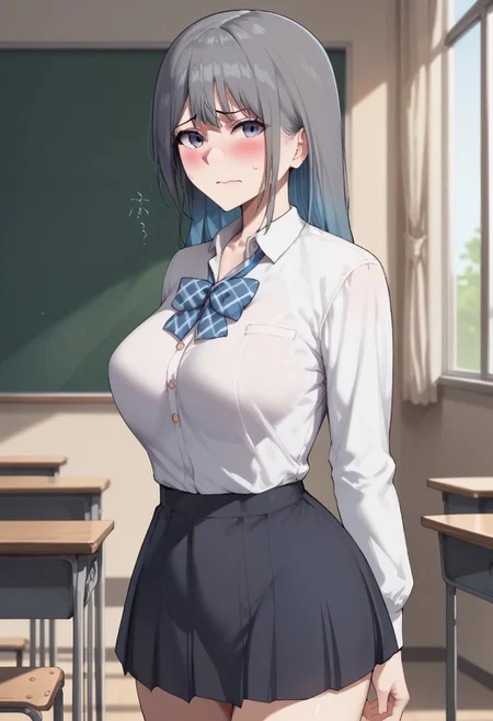 score_9, score_8_up, score_7_up, 1girl, solo, artel, large breasts, multiple hair color, looking at viewer, embarrassed, blush, indoor, classroom, white school uniform, short skirt