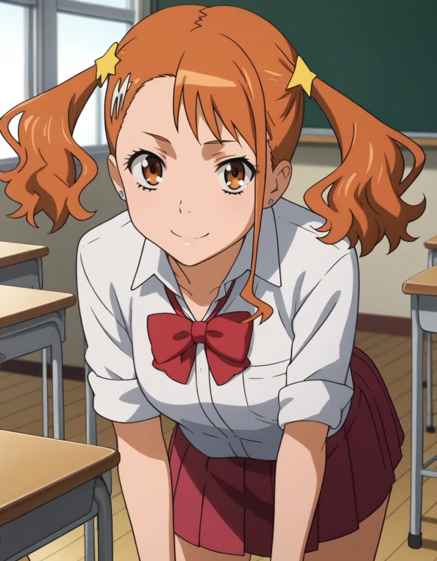 score_9, score_8_up, score_7_up, source_anime,
narukoanjou, <lora:naruko-anjou-s1-ponyxl-lora-nochekaiser:1>,
naruko anjou, orange hair, twintails, brown eyes, hair ornament, star ornament, hair clip,
skirt, bow, school uniform, sleeves rolled up, red bowtie, shirt, white shirt, collared shirt, red skirt,
indoors, classroom, bent over, smile,
looking at viewer, solo, cowboy shot, dutch angle,