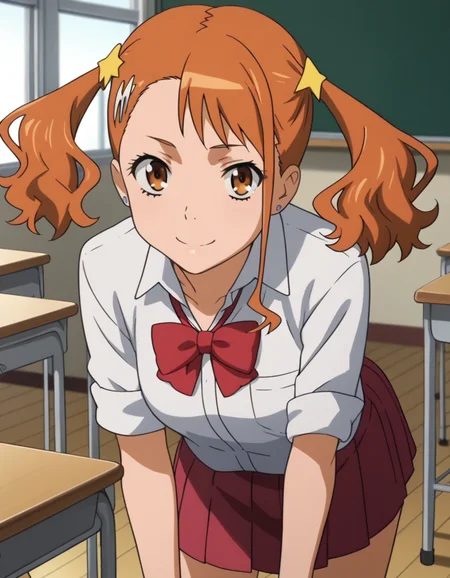score_9, score_8_up, score_7_up, source_anime,
narukoanjou, <lora:naruko-anjou-s1-ponyxl-lora-nochekaiser:1>,
naruko anjou, orange hair, twintails, brown eyes, hair ornament, star ornament, hair clip,
skirt, bow, school uniform, sleeves rolled up, red bowtie, shirt, white shirt, collared shirt, red skirt,
indoors, classroom, bent over, smile,
looking at viewer, solo, cowboy shot, dutch angle,