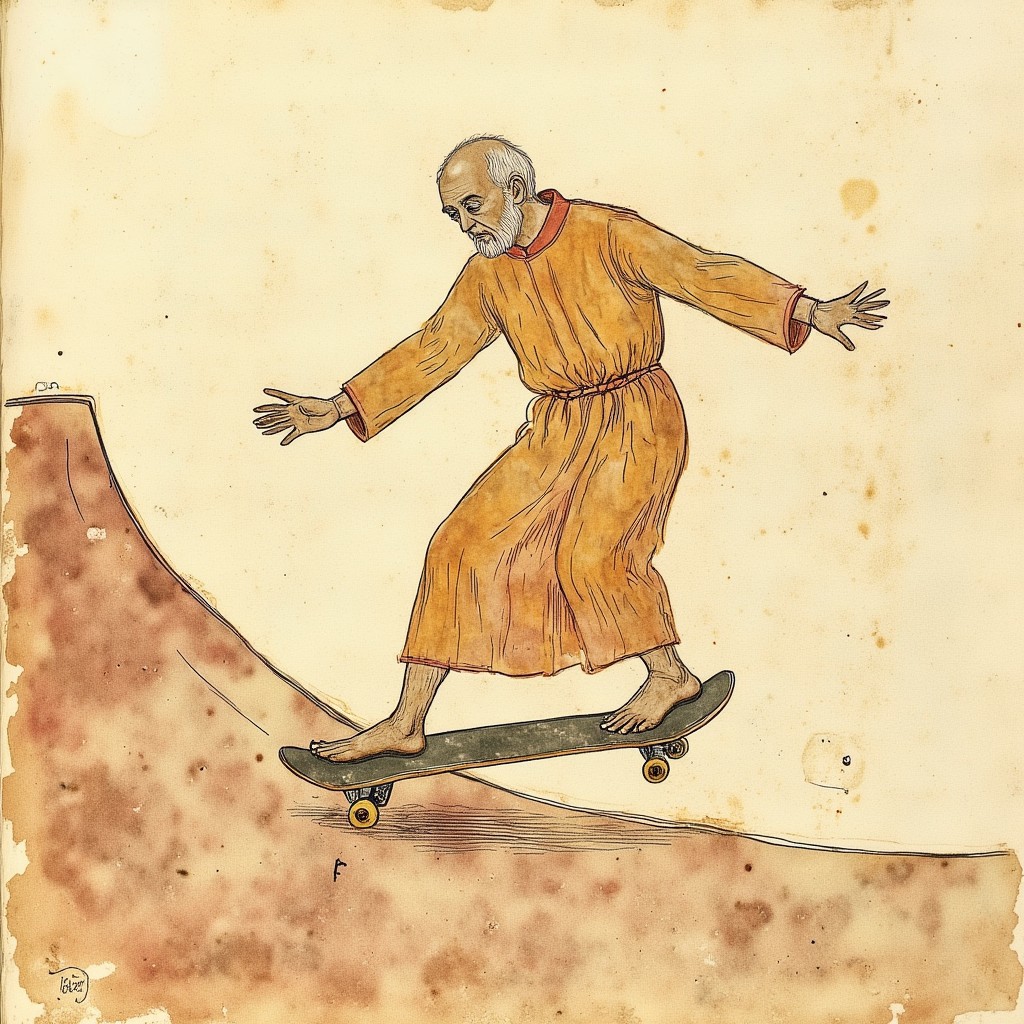 Illuminated manuscript illustration of a man in monk's robes doing a skateboard jump on a half-pipe grabbing the front of his board in mid air