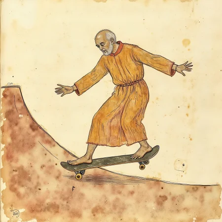 Illuminated manuscript illustration of a man in monk's robes doing a skateboard jump on a half-pipe grabbing the front of his board in mid air