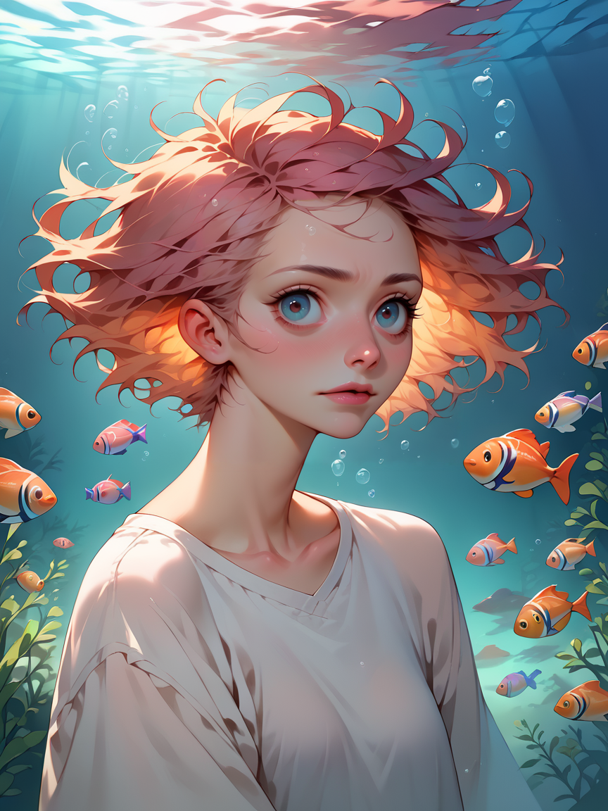 score_9, score_8_up, score_7_up, score_6_up,  <lora:MJXLP:0.8> mj, solo, 1girl, upper body, multicolored, underwater,