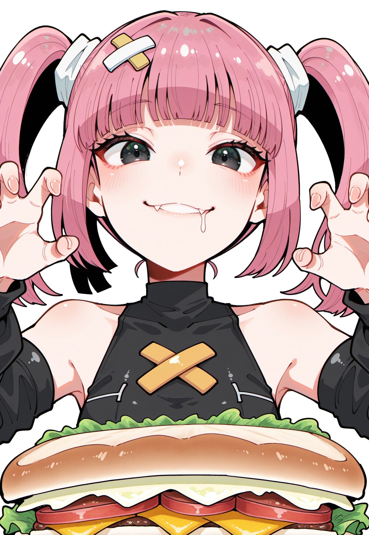 masterpiece, best quality, 1girl, zzSango2, sandwich, close-up, foreshortening, smile, fang out, claw pose, drooling, solo, clear composition, absurdres, highres, (itomugi-kun, mozukuzu_manukedori, dino_dinoartforame, average-hanzo:0.7),
black eyes, pink hair, twintails, blunt bangs, hair ornament,  black detached sleeves, bare shoulders,