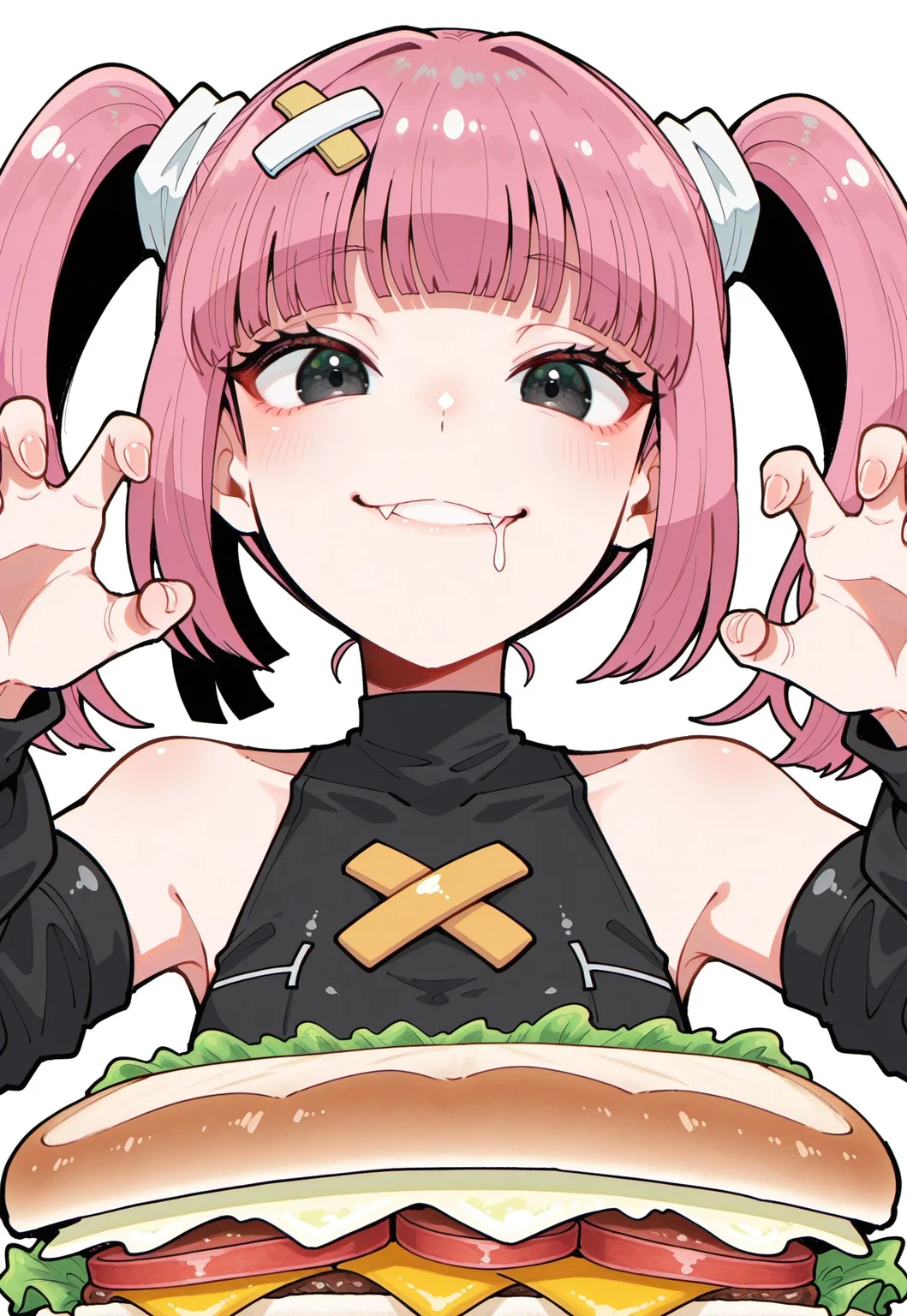 masterpiece, best quality, 1girl, zzSango2, sandwich, close-up, foreshortening, smile, fang out, claw pose, drooling, solo, clear composition, absurdres, highres, (itomugi-kun, mozukuzu_manukedori, dino_dinoartforame, average-hanzo:0.7),
black eyes, pink hair, twintails, blunt bangs, hair ornament, black detached sleeves, bare shoulders,