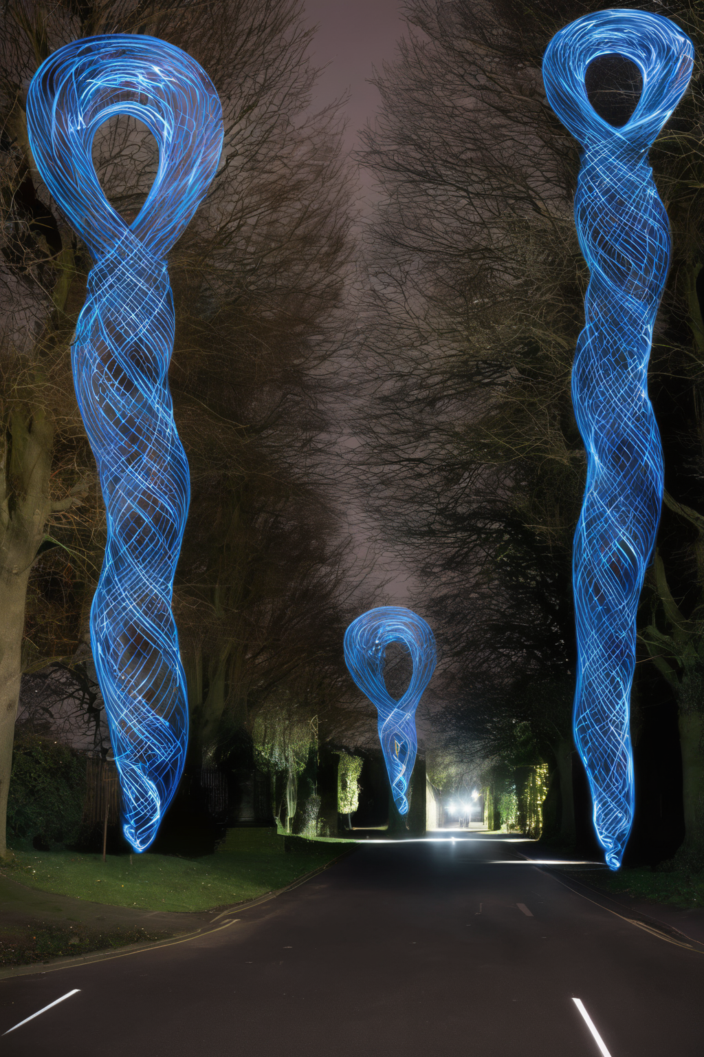 <lora:Photographer Martin Kimbell Style:1>Photographer Martin Kimbell Style - a long exposure photo of a street with blue lights in the shape of people