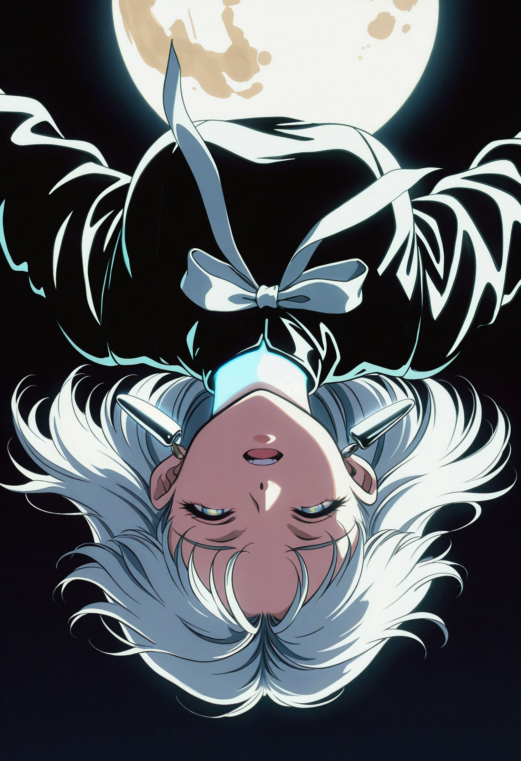<lora:Retroabn-illustriousXL_v01_V2-CAME-000035>, retro artstyle, 1990s \(style\), film grain, solo, upside-down, white eyes, medium hair, heterochromia, moon, white hair, open mouth, black background, 1girl, upper body, grey eyes, full moon, earrings, jewelry, closed eyes, glowing, grey hair, teeth, 1boy, parted lips, ribbon, male focus