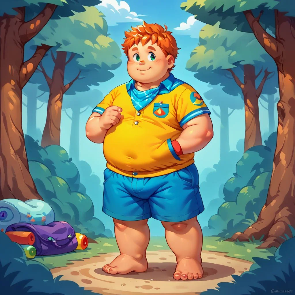 score_9, score_8_up, score_7_up, source_anime, fat, fat arms, fat legs, chubby cheeks, freackles, wearing a boyscout uniform, wearing shorts, wearing boy scout shirt, unbuttoned, wearing neckerchief, standing, summer camp background, 1boy, solo, forest background, happy mood, young, ginger hair, messy hair, barefoot, chibfurri, five toes, cub.