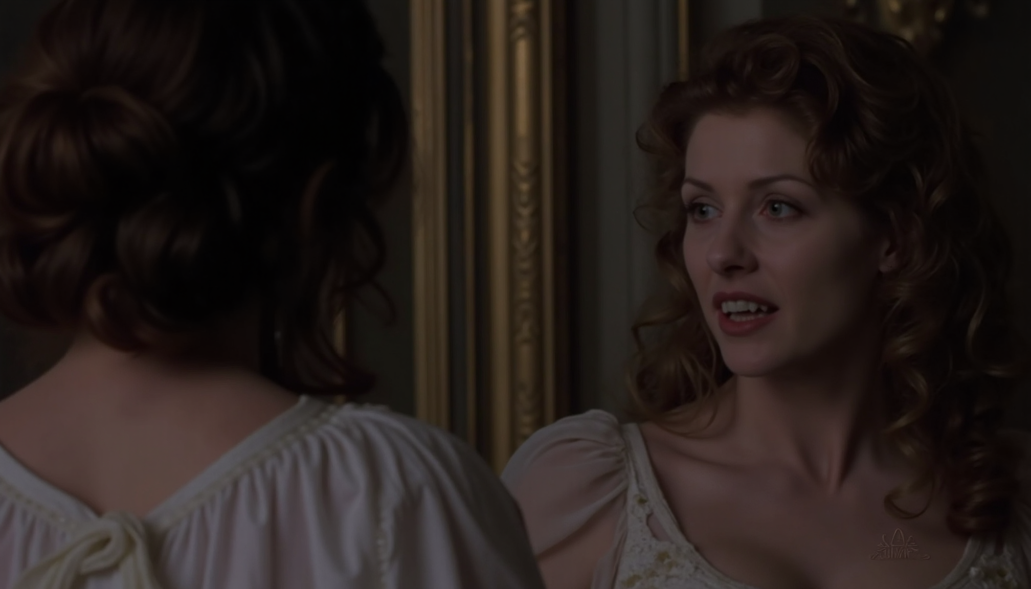 cinematic close-up shot of a vampire woman with fangs and very pale skin shown looking over the shoulder of another woman, preapring to bite, standing very close. The other woman is shown from behind, wearing a white nightgown, victorian room in background. At night in soft light. Analogue film, IMAX, photorealistic, very detailed <lora:iwtv_flux_1_0:1>