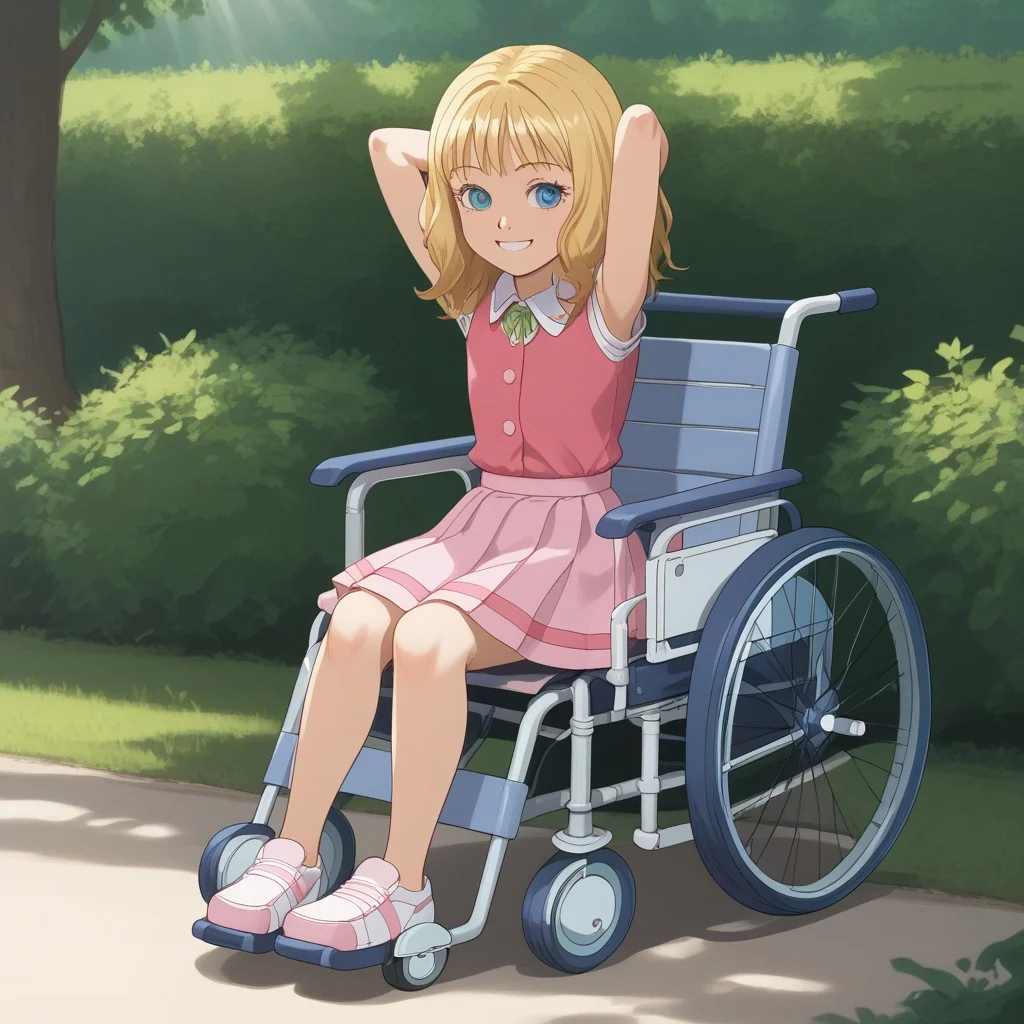 score_9, score_8_up, score_7_up, BREAK, solo, cute, helen, blonde hair, blue eyes, skirt, flat chest, outdoors, shadows, sunlight, natural lighting, wheelchair, hands behind head, smile,