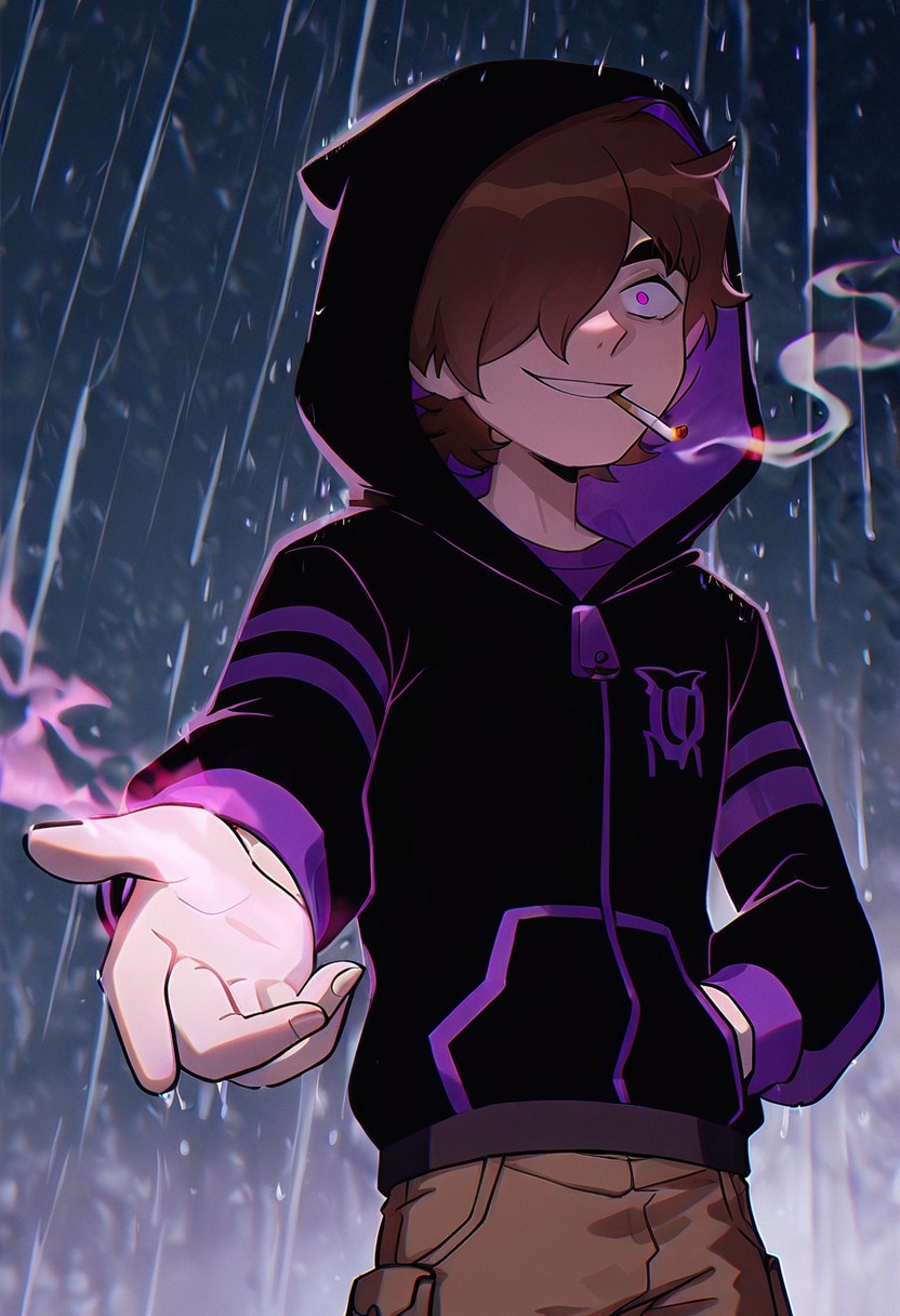 masterpiece, best quality, amazing quality, very aesthetic, absurdres, newest, 
benov, short hair, brown hair, 1boy, solo, brown cargo pants, ,  thick eyebrows, 
black hoodie, zipper, long sleeves, purple strips, hood up, cigarette, reaching out, smoking, alleyway, hair over one eye, smile, eyebags, evil, big eyes, constricted pupils, grabbing, evil smile, 
night, heavy rain, evil, grey sky, purple square smart watch,