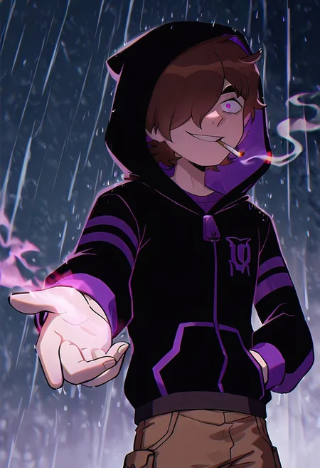 masterpiece, best quality, amazing quality, very aesthetic, absurdres, newest, 
benov, short hair, brown hair, 1boy, solo, brown cargo pants, ,  thick eyebrows, 
black hoodie, zipper, long sleeves, purple strips, hood up, cigarette, reaching out, smoking, alleyway, hair over one eye, smile, eyebags, evil, big eyes, constricted pupils, grabbing, evil smile, 
night, heavy rain, evil, grey sky, purple square smart watch,