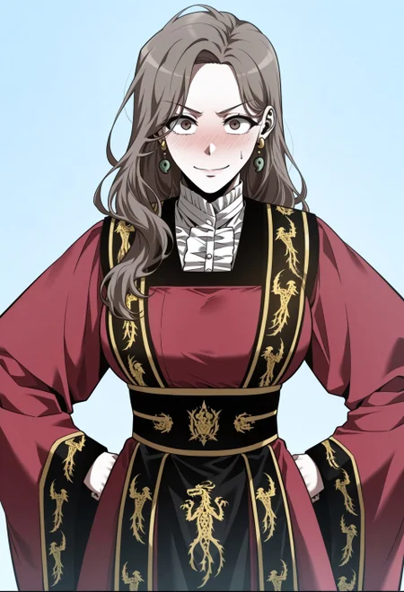 masterpiece, best quality, amazing quality, absurdres,
M1n_J1w0n, 1girl, solo, brown hair, long hair, wavy hair, brown eyes, large breasts, earrings, jewelry, stud earrings, magatama earrings, korean clothes, red hanbok, long sleeves, wide sleeves, white shirt, white high collar, black sash, golden dragon print sash, chima (clothes),
smile, standing, hands on the hips, cowboy shot, looking at viewer, blush, simple background, blue background, closed mouth,