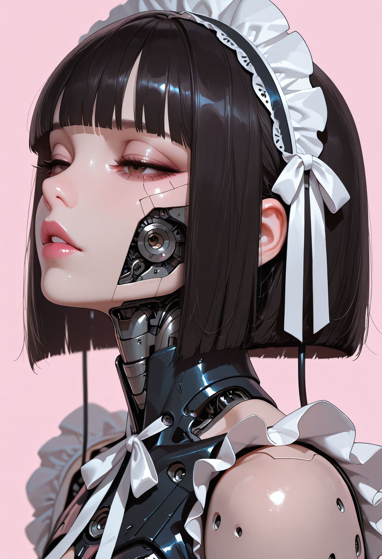 masterpiece, best quality,  very aesthetic, absurdres, newest, depth of field,realistic, goth girl  <lora:gothic_niji_style_ilxl_goofy:0.8>
1girl, pink background, cyborg, white ribbon, parted lips, android, simple background, from side, blunt bangs, bare shoulders, eyelashes, portrait, breasts, frills, bob cut, cyberpunk, maid headdress, mechanical parts, science fiction, brown eyes, pink lips, cable, neck ribbon, nose, half-closed eyes