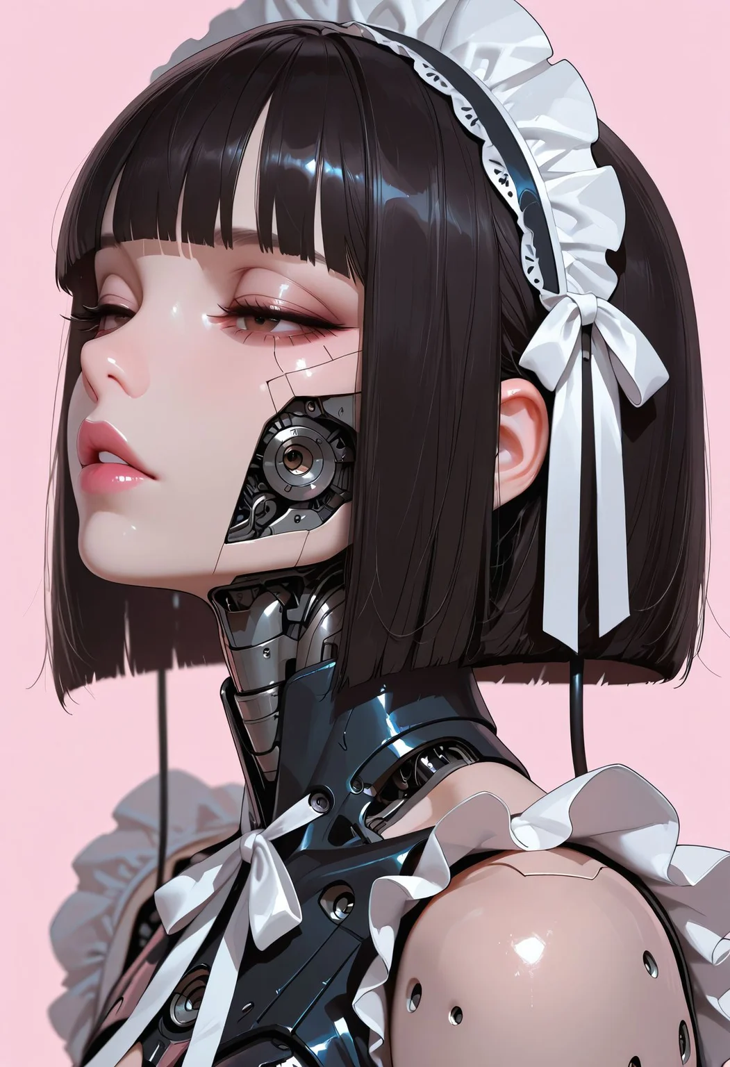masterpiece, best quality, very aesthetic, absurdres, newest, depth of field,realistic, goth girl <lora:gothic_niji_style_ilxl_goofy:0.8>
1girl, pink background, cyborg, white ribbon, parted lips, android, simple background, from side, blunt bangs, bare shoulders, eyelashes, portrait, breasts, frills, bob cut, cyberpunk, maid headdress, mechanical parts, science fiction, brown eyes, pink lips, cable, neck ribbon, nose, half-closed eyes